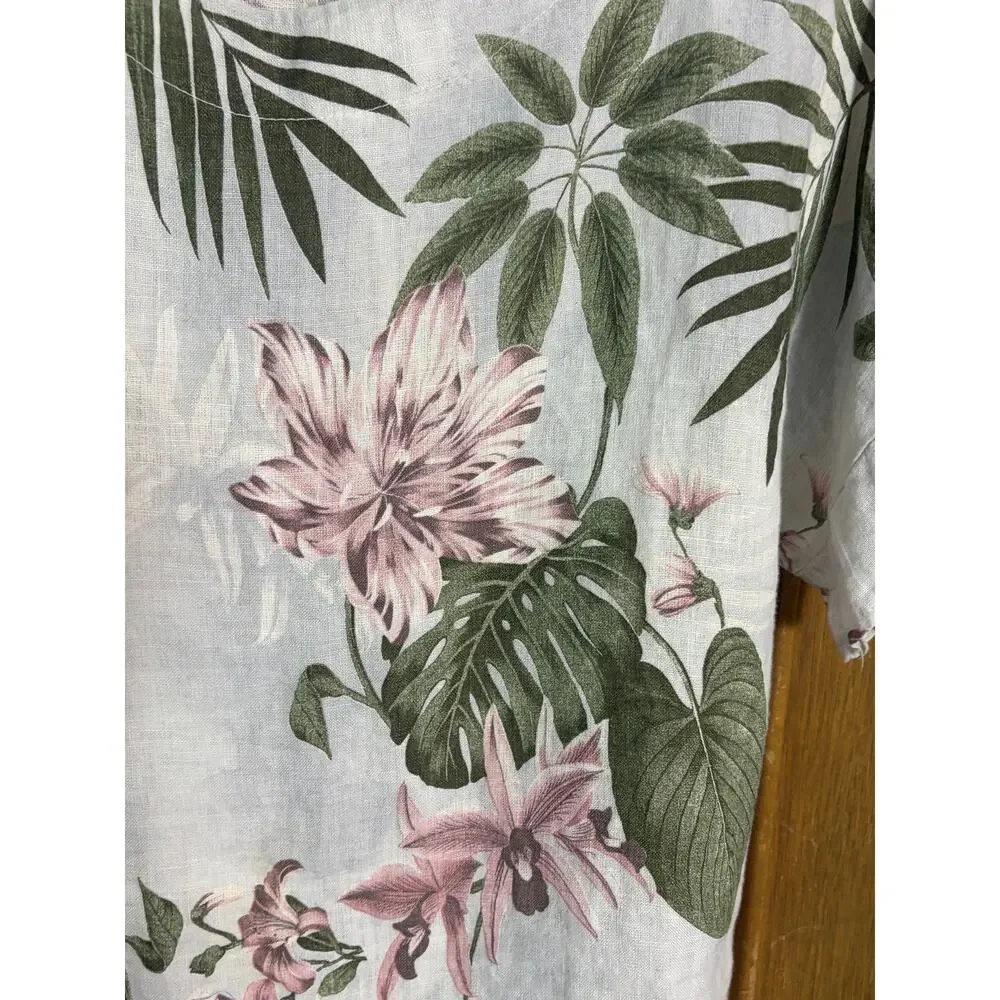 Pistache Italy 100% Linen Floral Top Medium Tropical Botanical Blouse Resort - Picture 4 of 7